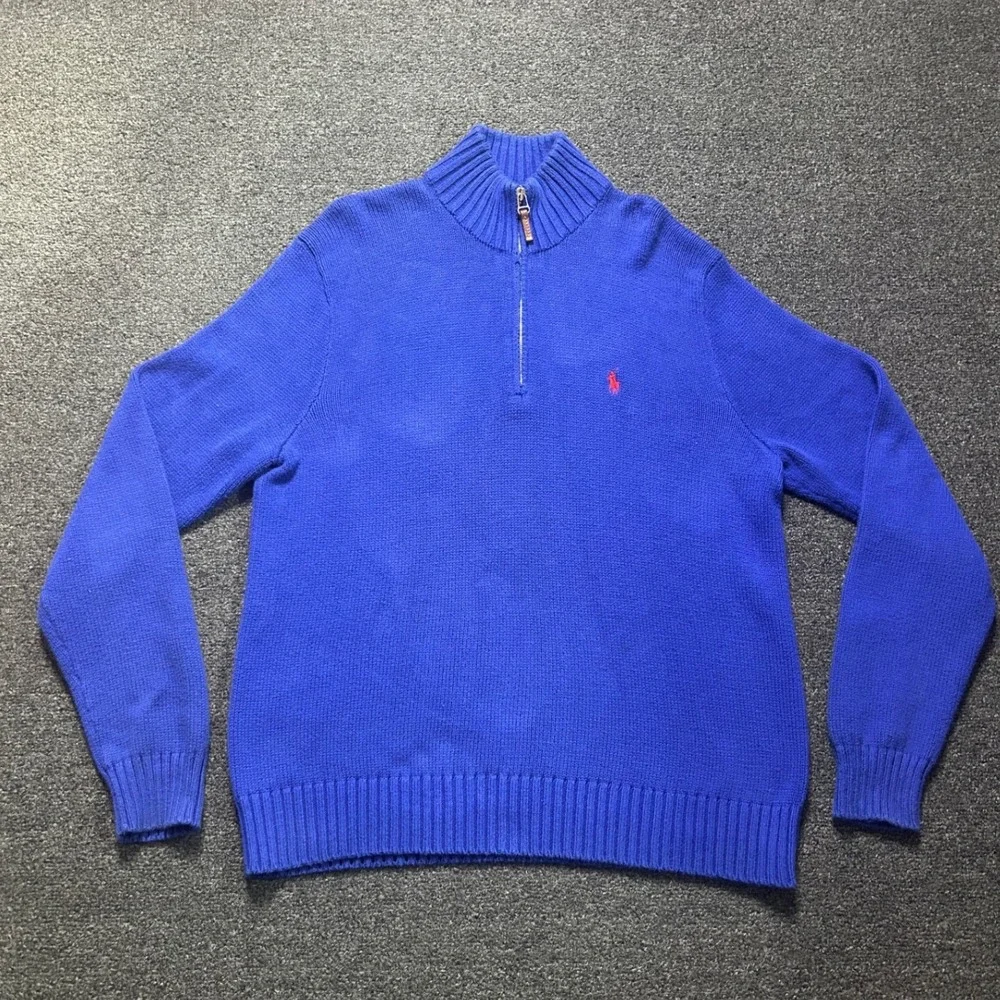 Polo‎ Ralph Lauren 1/4 Zip Sweater Blue Mens Large Pima Cotton Mock Neck Pony